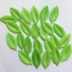 Op de afbeelding: Een verzameling van 20 groene suikerblaadjes, perfect om taarten en cupcakes te versieren.