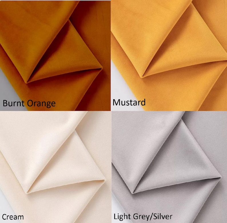 May include: Four fabric swatches in different colors: burnt orange, mustard, cream, and light grey/silver. The swatches are folded in half and arranged in a grid.