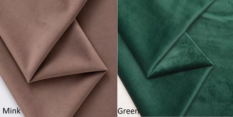 May include: Two fabric swatches, one in a light brown color labeled "Mink" and the other in a dark green color labeled "Green".