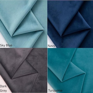 May include: Four fabric swatches in different colors: sky blue, navy blue, dark gray, and turquoise. The fabric is a soft, velvety material.