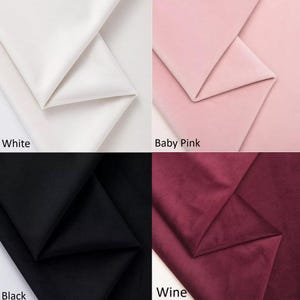 May include: Four fabric swatches in different colors: white, baby pink, black, and wine. Each swatch is folded in half, showing the texture of the fabric.
