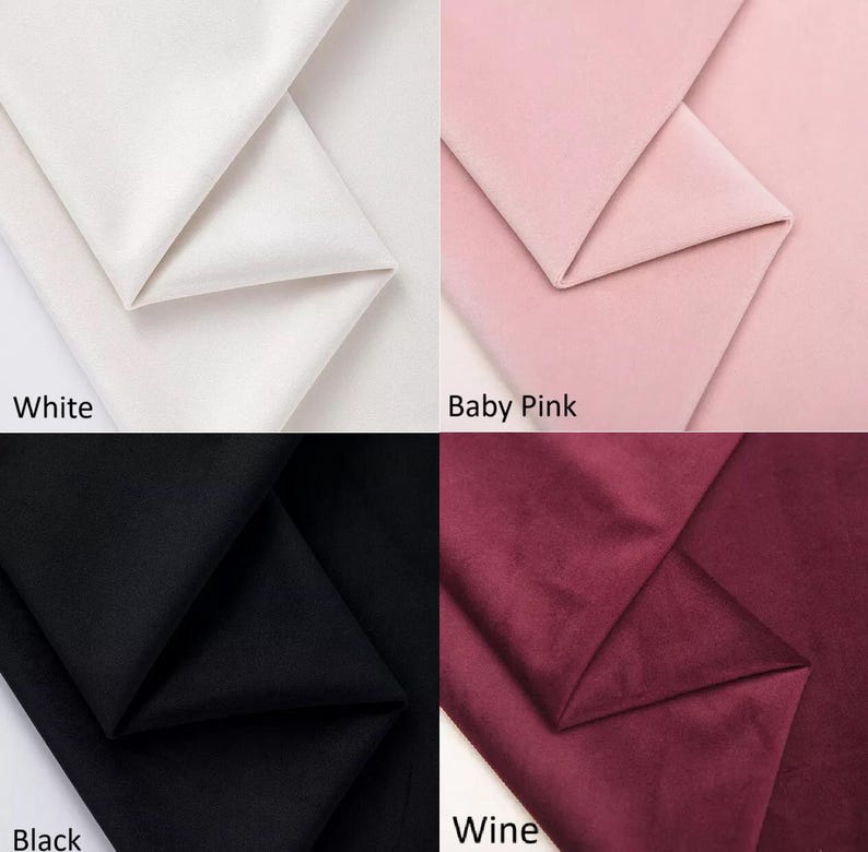 May include: Four fabric swatches in different colors: white, baby pink, black, and wine. Each swatch is folded in half, showing the texture of the fabric.