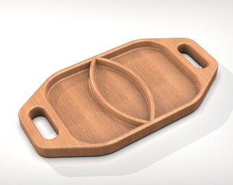 May include: A wooden serving tray with two divided sections and two handles. The tray is light brown in color and has a wood grain pattern.