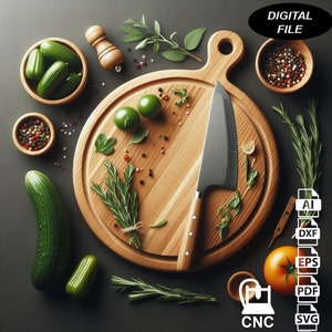 Puede incluir: Una tabla de cortar de madera con un cuchillo, tomates verdes, hierbas y especias. La tabla está rodeada de otros artículos de cocina, incluyendo un tazón de pepinos, un tazón de granos de pimienta y un salero. La imagen está etiquetada como "ARCHIVO DIGITAL" en la esquina superior derecha. La imagen también incluye iconos de tipo de archivo para AI, DXF, EPS, PDF, SVG y CNC.