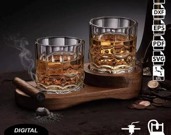 May include: A wooden tray with two clear glass tumblers filled with amber liquid. The tray has a cigar resting on it. The text "DIGITAL FILE" is visible on the tray. The image also shows icons for 3D and CNC.