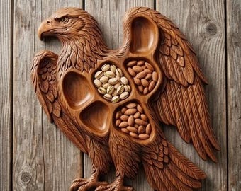 May include: A carved wooden serving tray shaped like an eagle with detailed feather textures. The tray features five distinct recessed compartments for food, with two sections currently filled with shelled pistachios and brown almonds.