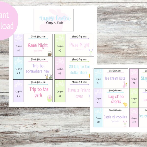 Easter Printable Coupons For Kids, Reward Coupons For Kids, Easter Gift For Kids, Easter Basket Idea, Egg Hunt Prize, Instant Download