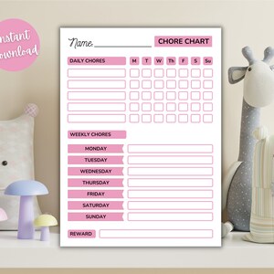 Chore Chart for Kids, Kids Chores, Kids Chore Chart, Responsibility Chart, Chore Chart Printable, PDF, Instant Download, Pink