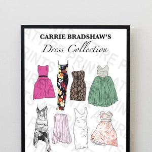UK Sex and the City SATC Carrie Bradshaw Iconic Dresses Wardrobe Collection Illustration Print Poster A4 Digital Download
