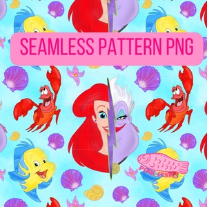 May include: Seamless pattern featuring Ariel, Ursula, Sebastian, and Flounder from The Little Mermaid. The background is a light blue with a watercolour effect. The characters are in their signature colours and poses. The pattern is perfect for fabric, wallpaper, or other creative projects.