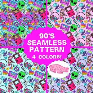 May include: A seamless pattern featuring 90's themed graphics in four different colorways. The pattern includes cassette tapes, alien heads, butterflies, hearts, and gameboys. The text "90's Seamless Pattern 4 Colors!" is displayed in a pink circle.