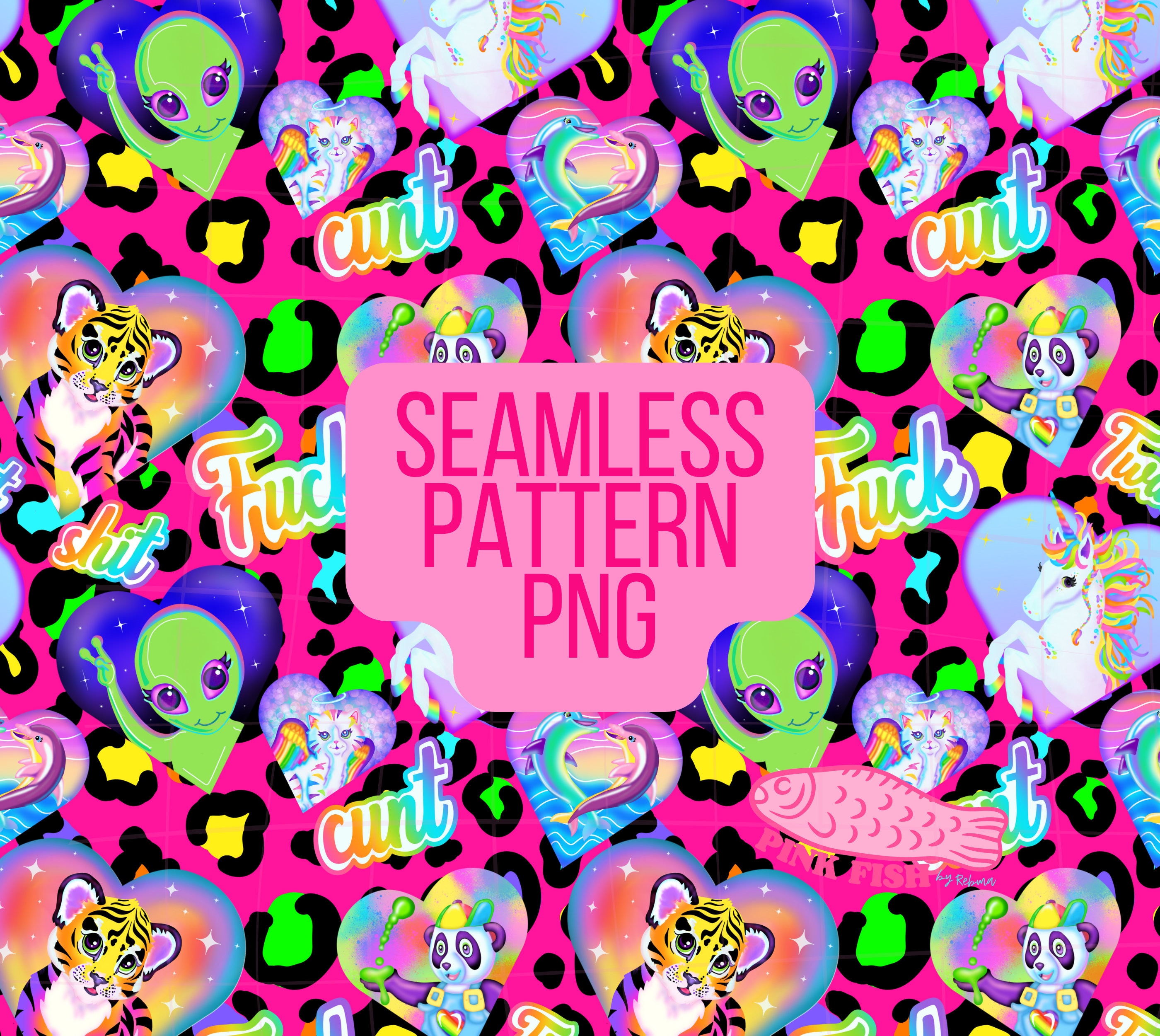 Vibrant pattern of peaches and eggplants in lisa frank's signature style