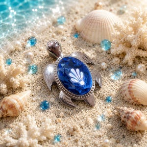 Peut inclure: Un pendentif en forme de tortue argentée avec un grand cristal bleu profond à facettes de forme ovale au centre de la carapace. Le cristal présente une icône blanche en forme de coquillage en éventail. Le cadre métallique est texturé.
