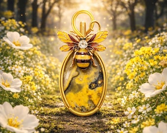 Die Meliora-Halskette mit Anhänger ist aus wunderschönem Jaspis gefertigt. Bienenmotiv.