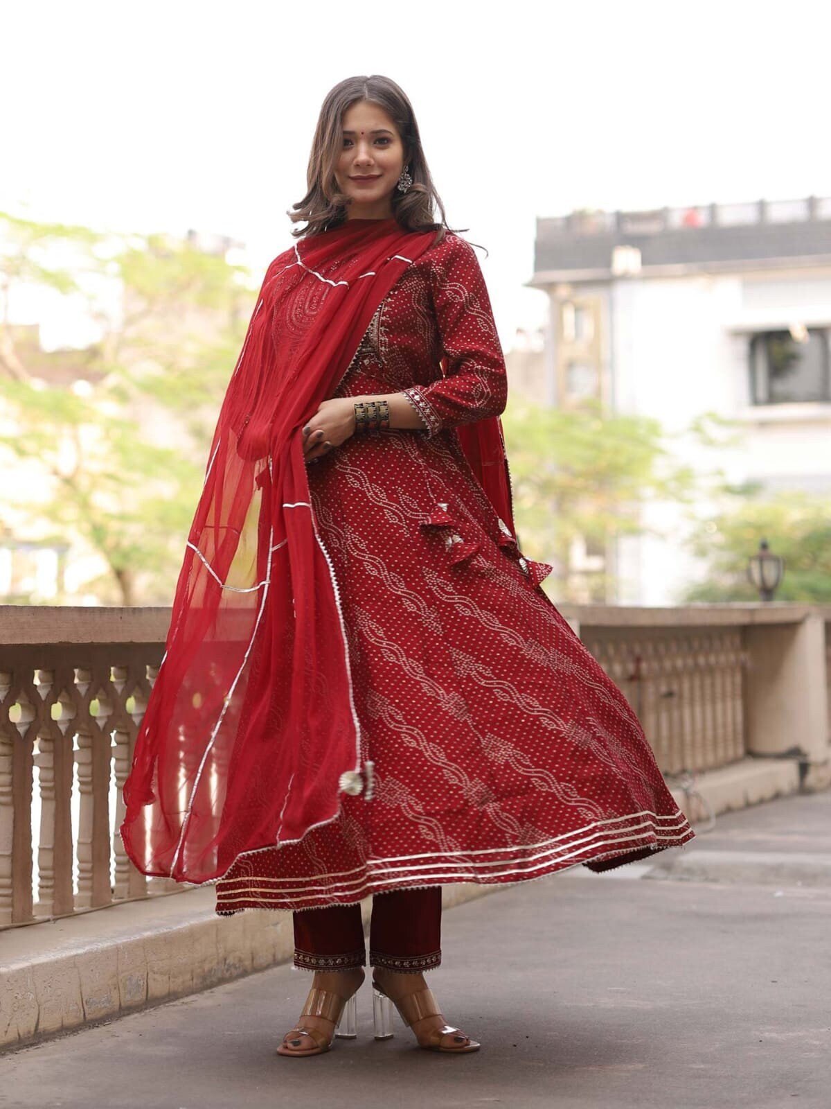 Red Anarkali Kurti Pant Set Bandhej 