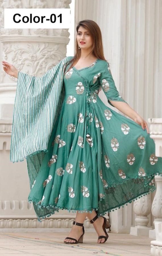 Printed Rayon Anarkali Gown Kurti Set 