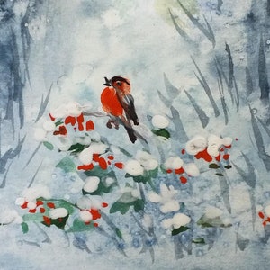 Bullfinch Painting Bird Original Watercolor Artwork Bullfinch Winter Berry Art Postcard Watercolor Artwork 4x6 by SvetlanaSartStudio