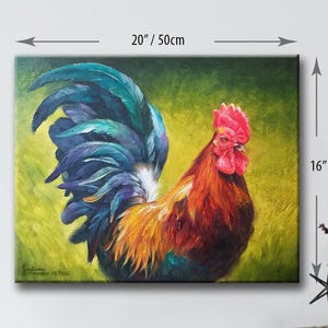 Rooster Painting Original Oil Painting on Canvas 16x20&quot; Colorful Farm Animals Wall Art, Rustic Country Kitchen Decor by SvetlanaSartStudio