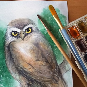 Owl Painting Watercolor Original Art Bird of prey Wall Art Owl Artwork Bird Owlet Painting 8by12&quot; Wildlife Artwork by SvetlanaSartStudio
