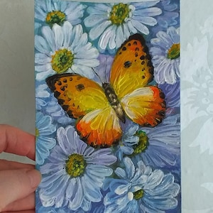 Yellow Butterfly Painting Daisy Flowers Original Art Butterfly, White Flower Impasto Mini Oil Painting Small 4by6" Art by SvetlanaSartStudio