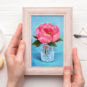 Peonies Painting Floral Still Life Original Art, Peony Mini Oil Painting on Panel Tiny Painting on Easel Miniature Art by SvetlanaSartStudio image 3