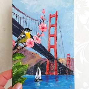 Golden Gate Bridge Mini Oil Painting: Bird and Blossoms Impasto Art (5x7)