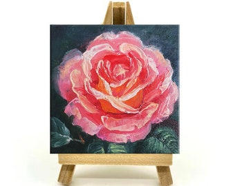 Pintura al óleo de una rosa rosa: obra de arte floral original en lienzo (7,6 x 7,6 cm) de SvetlanaSartStudio