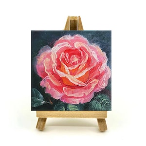 Pink Rose Oil Painting: Original Floral Mini Canvas Artwork (3x3&quot;) Art by SvetlanaSartStudio