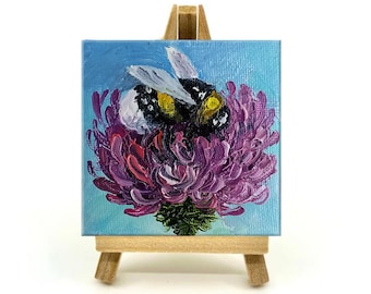 Bee Painting Honey Bee Original Art Bumble Bee Impasto Oil Painting Original Mini Canvas Art Tiny Painting Scottish Thistle Art a Mini Easel