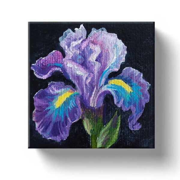 Purple Iris Painting Floral Original Art Flower Iris Oil Painting 3x3 Tiny Canvas on Mini Easel Purple Iris Flower Art by SvetlanaSartStudio