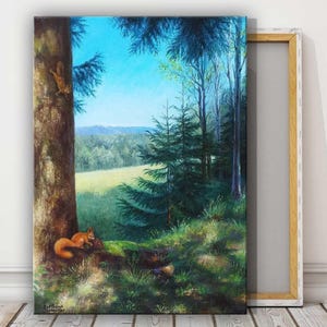 Eichhörnchen im Wald Öl Gemälde: Impasto Wald Landschaft Original Kunst auf Leinwand 50x70cm