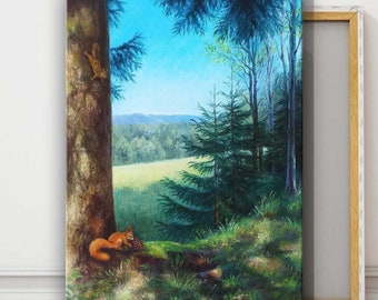 Sequoia Tree Painting National Forest Original Art Yosemite Wall Art Squirrel Oil Painting on Canvas Yosemite National Park Nature Wall Art