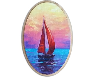 Sailboat Painting Original Art Sailing Artwork Sailboat Impasto Mini Oil Painting Oval Wood Panel, Florida Seascape Sunset Nautical Wall Art