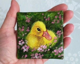 Obraz olejny "Kaczka" Oryginalna sztuka ptaka, zwierzę gospodarskie, miniaturowe płótno ze sztalugą w zestawie, prezent