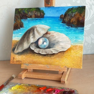 Seashell with Pearl Painting Original Art Sea Shell Wall Art Seascape Real Oil Painting on Canvas SeaShell Artwork by SvetlanaSartStudio