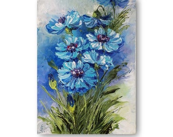 May include: A painting of a bouquet of blue flowers with green leaves and stems. The flowers are painted in a realistic style with visible brushstrokes.