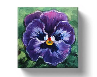 Pansy Painting Floral Still Life Original Art Pansy Flower Small Oil Painting, Mini Canvas Art on Tiny Easel, Purple Pansy Artwork