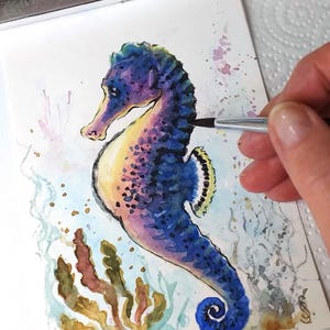 Seahorse Painting Original Watercolor Art Sea Life Painting Small Handmade Artwork 4x6&quot; Sea Animal Illustration by SvetlanaSartStudio