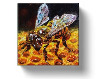 Honey Bee Painting Insect Art Original Art Bee on Honeycomb Artwork Impasto Oil Painting Small Canvas on Mini Easel Miniature Artwork