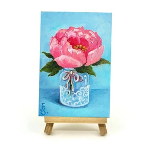 Peonies Painting Floral Still Life Original Art, Peony Mini Oil Painting on Panel Tiny Painting on Easel Miniature Art by SvetlanaSartStudio image 1