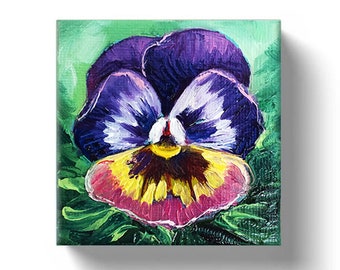 Pansy Painting Floral Still Life Original Art Pansy Flower Small Oil Painting, Mini Canvas Art on Tiny Easel, Purple Pansy Artwork