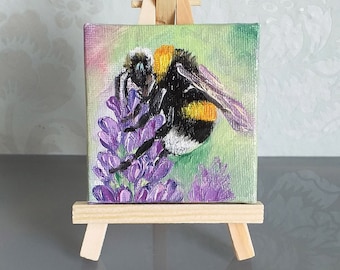 Bumblebee Painting Insect Original Art Honey Bee on Lavender Artwork Mini Canvas Art Impasto Oil Painting on Mini Easel Tiny Painting