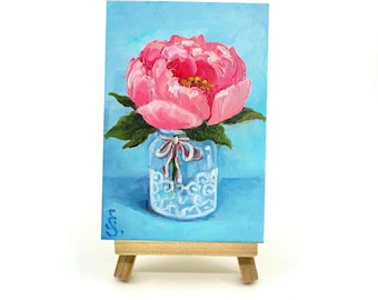 Peonies Painting Floral Still Life Original Art, Peony Mini Oil Painting on Panel Tiny Painting on Easel Miniature Art by SvetlanaSartStudio