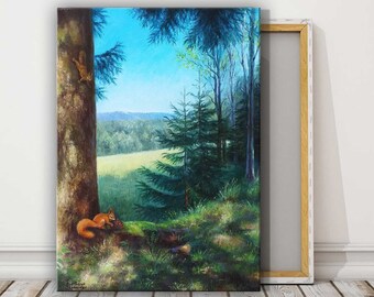 Sequoia Tree Painting National Forest Original Art Yosemite Wall Art Squirrel Oil Painting on Canvas Yosemite National Park Nature Wall Art