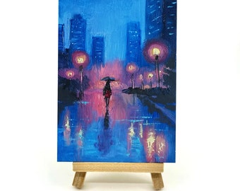 New York Painting Cityscape Original Art Small Oil Painting on Mini Easel Urban NYC Painting Rain City Cyberpunk Art by SvetlanaSartStudio