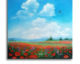 Pintura de un campo de amapolas: Paisaje toscano al óleo, Italia, 30,5 x 30,5 cm, obra de Svetlana SartStudio