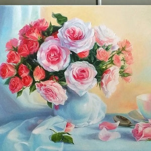 Rose Painting Flowers Original Art Oil Painting Canvas 20by28&quot;/50x70cm Large Roses Floral Still Life, Large Wall Art by SvetlanaSartStudio