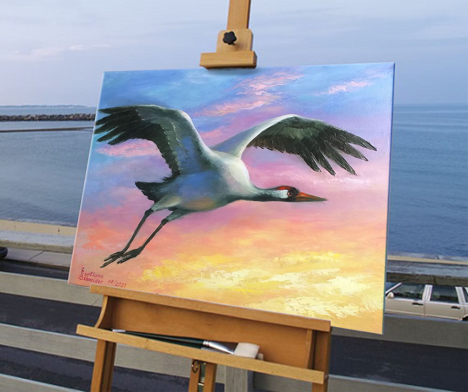 Crane Painting Bird Original Art Impasto 16by20 Oil Painting Canvas Sky