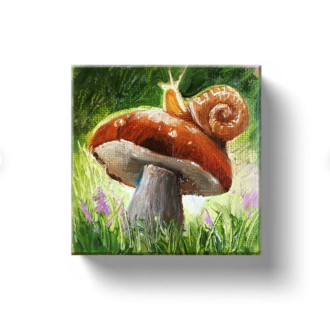 Snail Painting Mushroom Original Art Small Oil Painting 3x3 Tiny Canvas