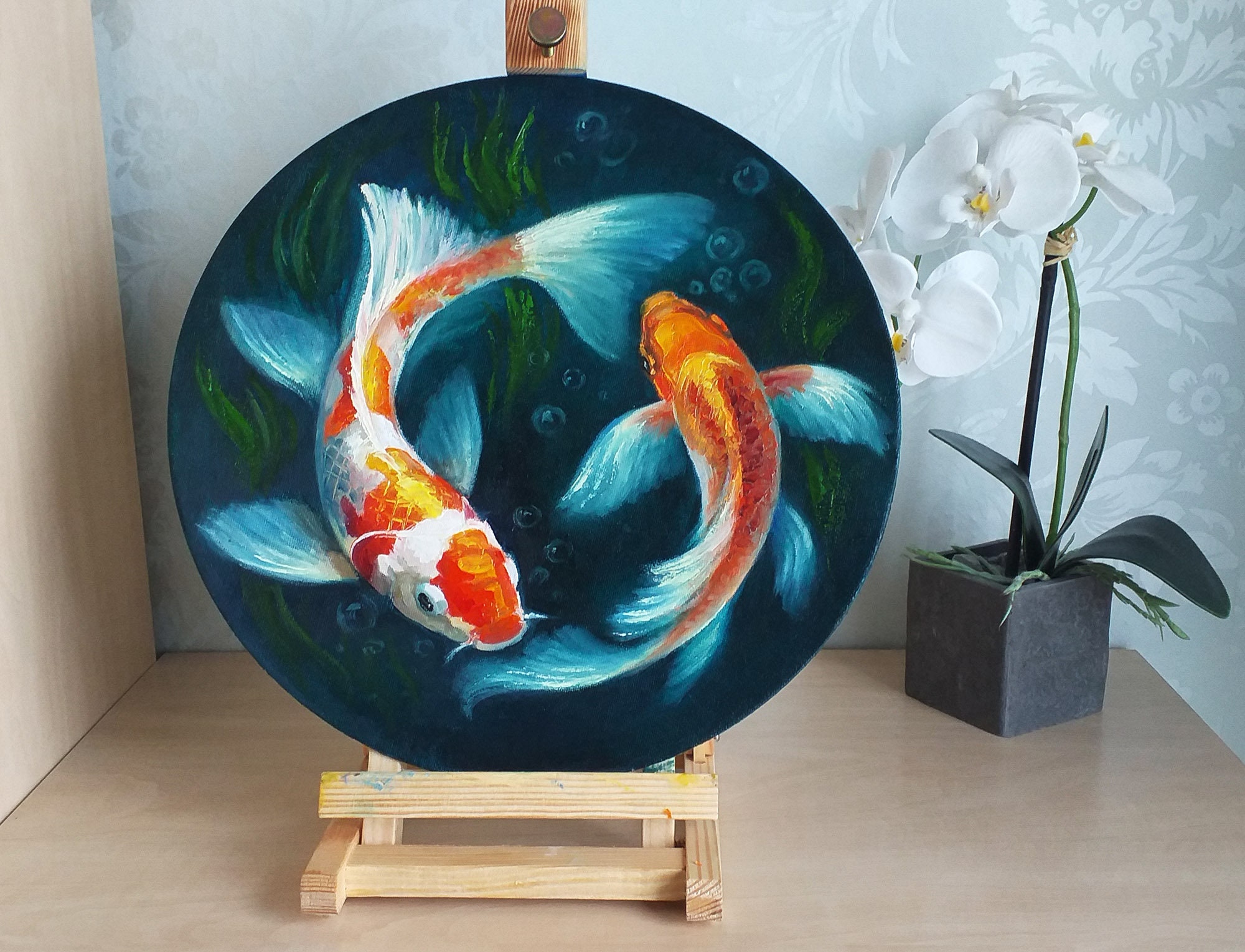 Koi Fish Oil Painting: Japanese Carp Pond Art, Feng Shui Zen